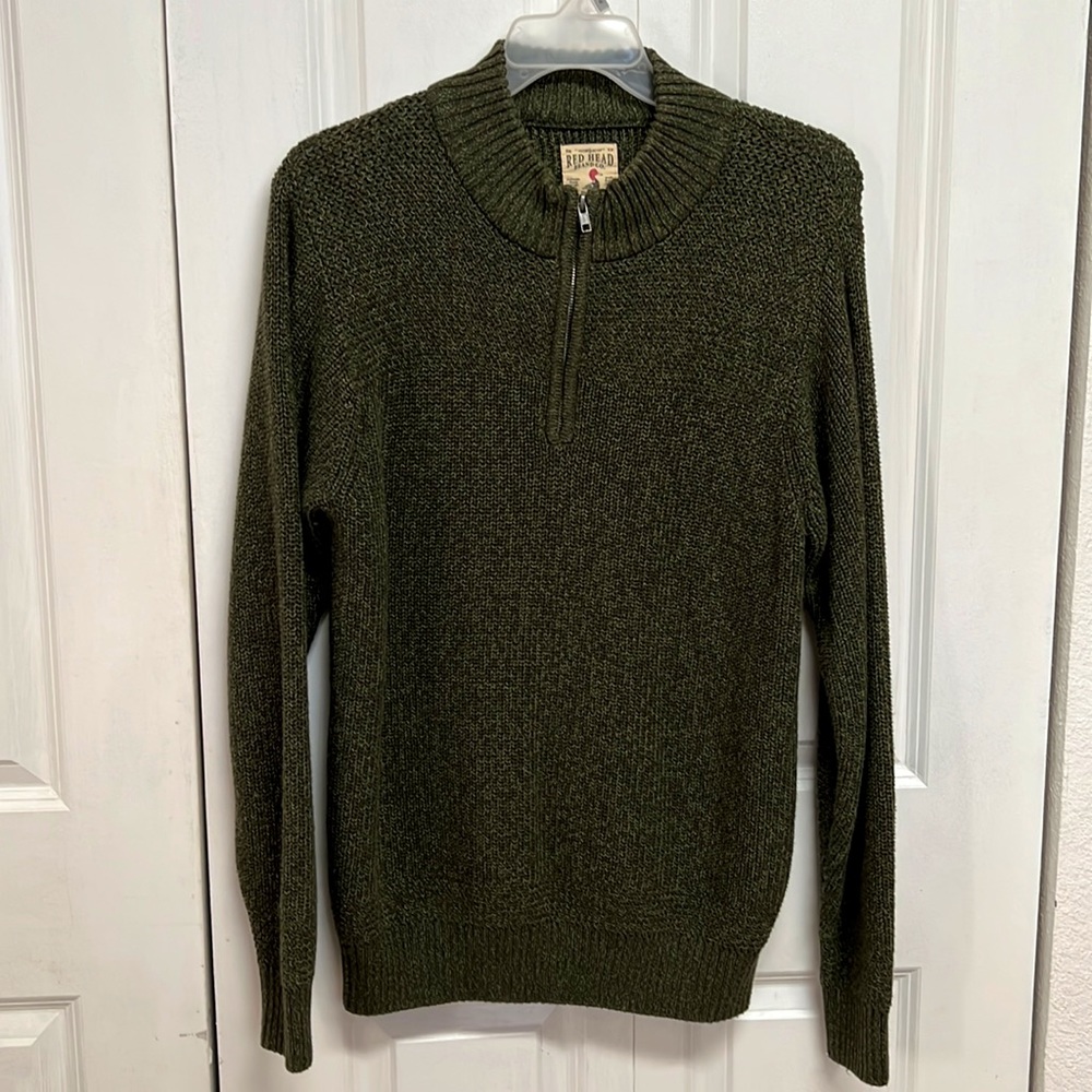 Red Head Dark Green Cotton Blend Half Zip Heavy Knit Pull Over Sweater Mens L